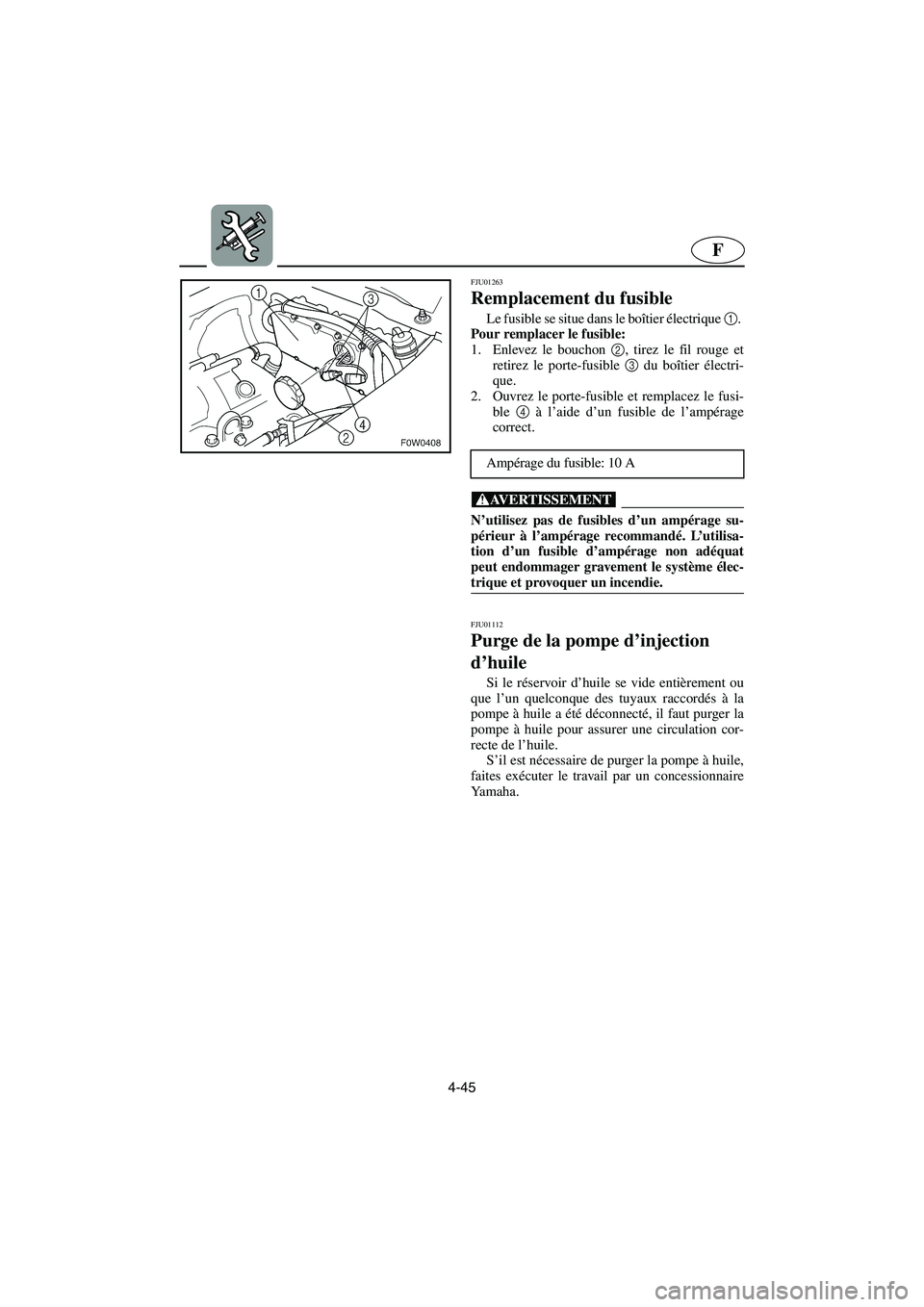 YAMAHA GP800R 2003  Betriebsanleitungen (in German) 4-45
F
FJU01263 
Remplacement du fusible  
Le fusible se situe dans le boîtier électrique 1
. 
Pour remplacer le fusible: 
1. Enlevez le bouchon 2
, tirez le fil rouge et
retirez le porte-fusible 3
