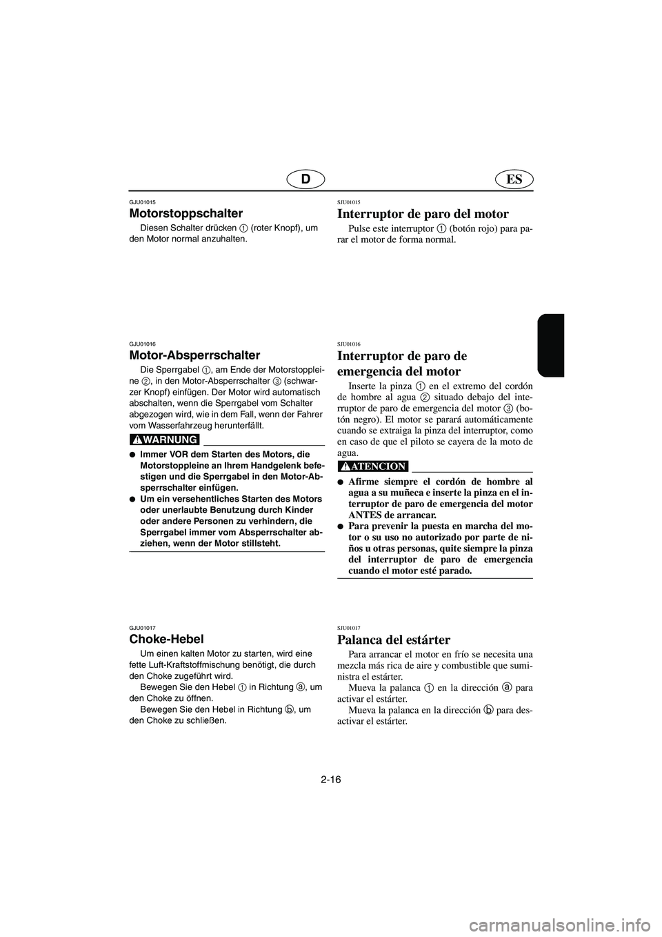 YAMAHA GP800R 2003  Manuale de Empleo (in Spanish) 2-16
ESD
GJU01015 
Motorstoppschalter  
Diesen Schalter drücken 1
 (roter Knopf), um 
den Motor normal anzuhalten.
GJU01016 
Motor-Absperrschalter  
Die Sperrgabel 1
, am Ende der Motorstopplei-
ne 2