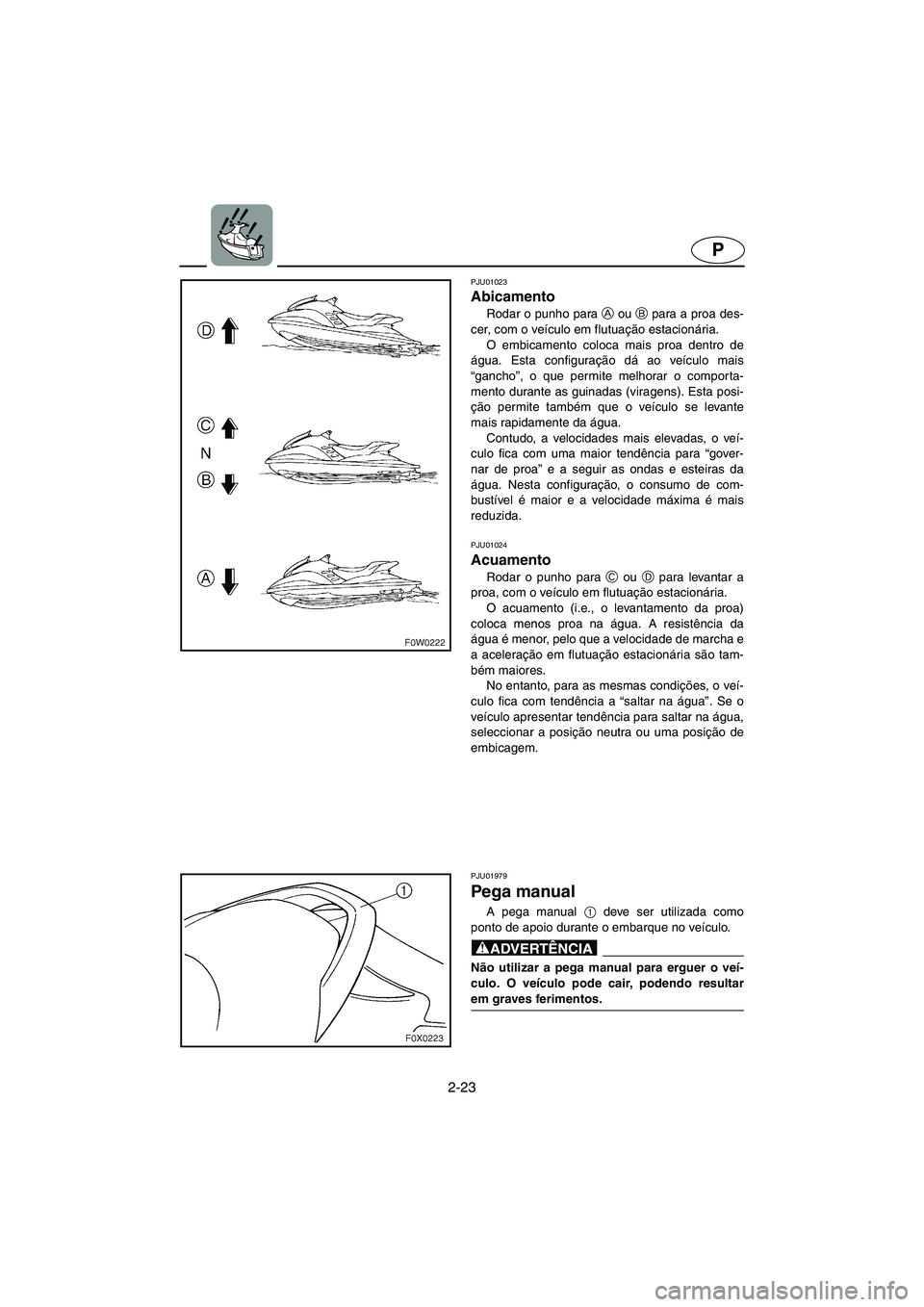 YAMAHA GP800R 2003 Manual de utilização (in Portuguese) 2-23
P
PJU01023
Abicamento
Rodar o punho para A
ou B
para a proa des-
cer, com o veículo em flutuação estacionária.
O embicamento coloca mais proa dentro de
água. Esta configuração dá ao YAMAHA GP800R 2003 Manual de utilização (in Portuguese) 2-23
P
PJU01023
Abicamento
Rodar o punho para A
ou B
para a proa des-
cer, com o veículo em flutuação estacionária.
O embicamento coloca mais proa dentro de
água. Esta configuração dá ao