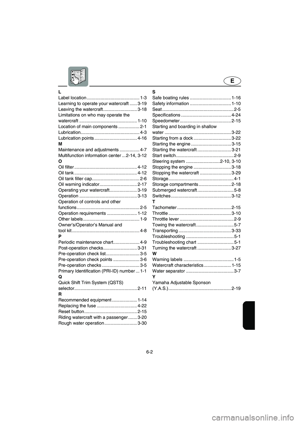 YAMAHA GP800R 2002  Owners Manual 6-2
E
L
Label location .......................................... 1-3
Learning to operate your watercraft ...... 3-19
Leaving the watercraft ........................... 3-18
Limitations on who may ope