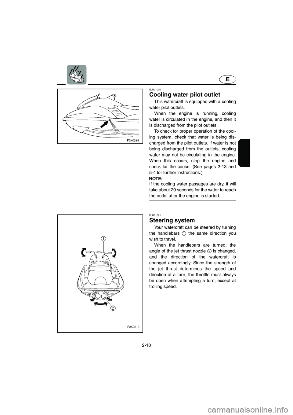 YAMAHA GP800R 2002 Owners Guide 2-10
E
EJU01020 
Cooling water pilot outlet  
This watercraft is equipped with a cooling
water pilot outlets. 
When the engine is running, cooling
water is circulated in the engine, and then it
is dis