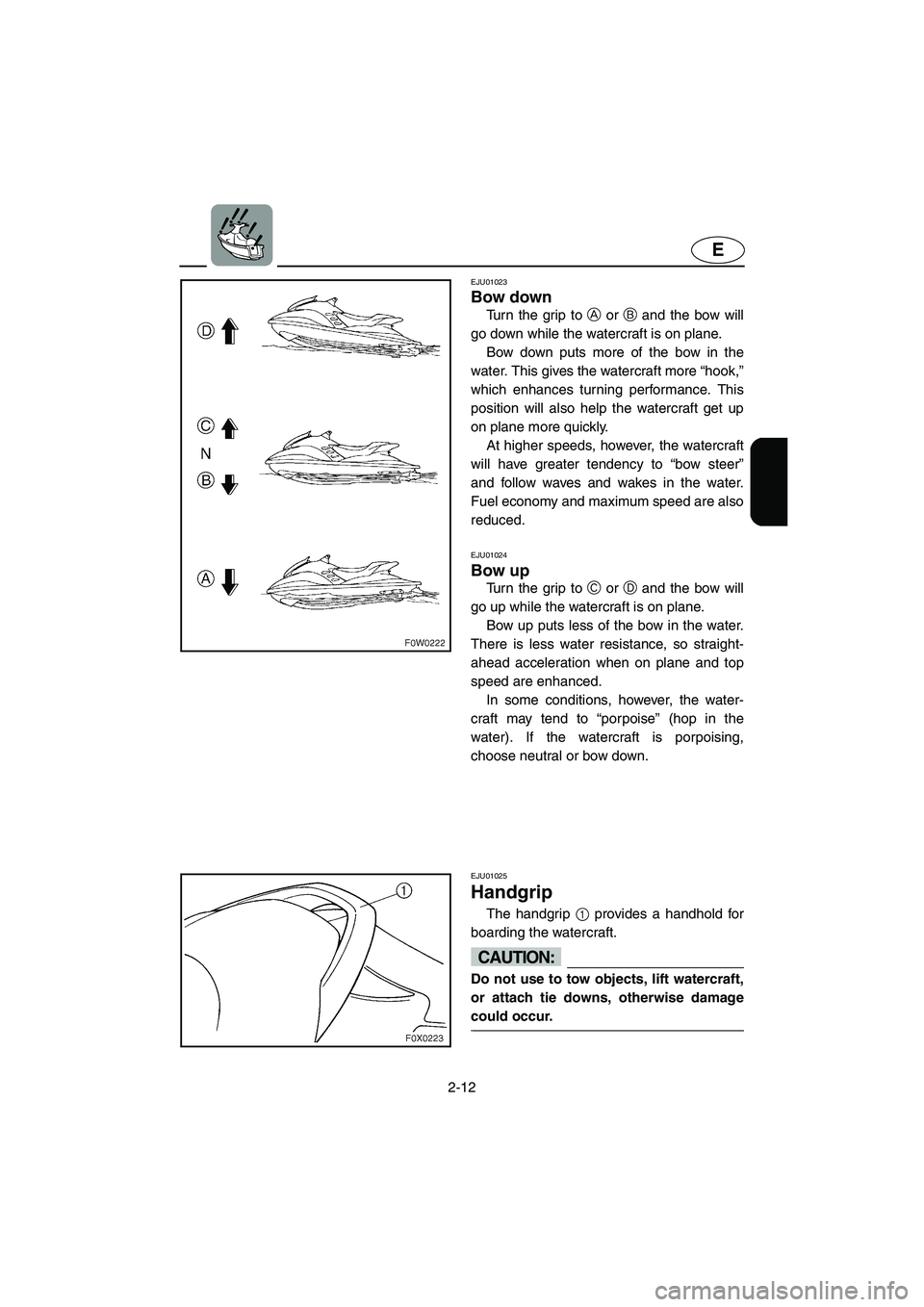 YAMAHA GP800R 2002 Owners Guide 2-12
E
EJU01023 
Bow down  
Turn the grip to A or B and the bow will
go down while the watercraft is on plane. 
Bow down puts more of the bow in the
water. This gives the watercraft more “hook,”
w