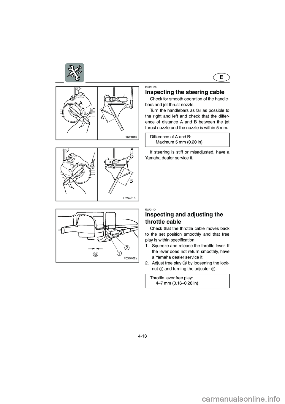 YAMAHA GP800R 2002  Owners Manual 4-13
E
EJU01103 
Inspecting the steering cable  
Check for smooth operation of the handle-
bars and jet thrust nozzle. 
Turn the handlebars as far as possible to
the right and left and check that the 