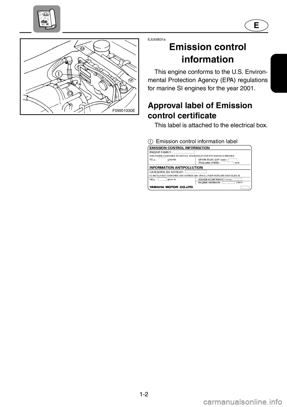 YAMAHA GP800R 2021  Owners Manual 1-2
E
EJU00631a
Emission control 
information
This engine conforms to the U.S. Environ-
mental Protection Agency (EPA) regulations
for marine SI engines for the year 2001.
Approval label of Emission 
