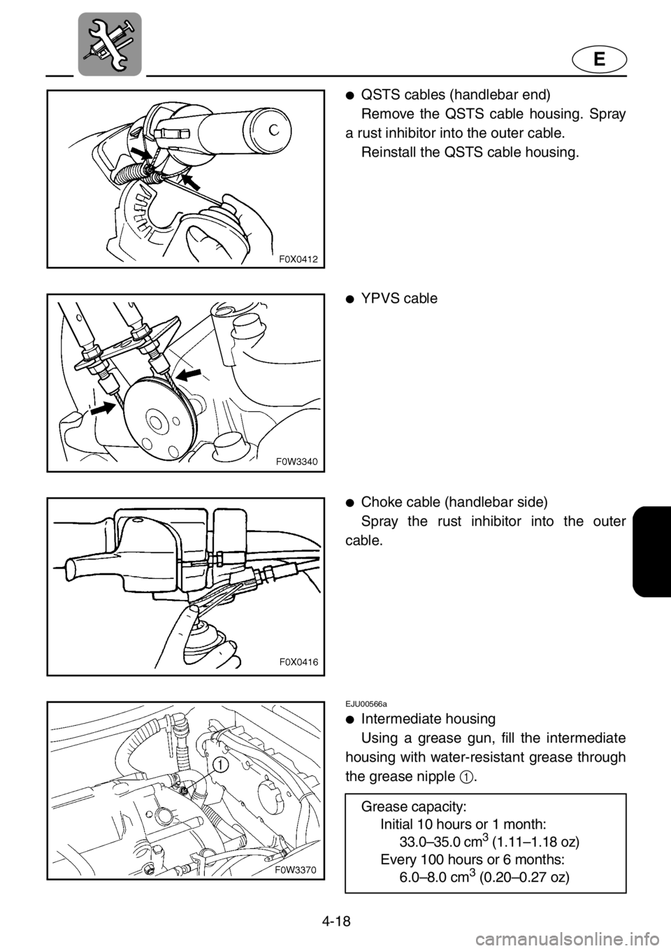 YAMAHA GP800R 2021 Owners Manual 4-18
E
●QSTS cables (handlebar end)
Remove the QSTS cable housing. Spray
a rust inhibitor into the outer cable.
Reinstall the QSTS cable housing.
●YPVS cable
●Choke cable (handlebar side)
Spray YAMAHA GP800R 2021 Owners Manual 4-18
E
●QSTS cables (handlebar end)
Remove the QSTS cable housing. Spray
a rust inhibitor into the outer cable.
Reinstall the QSTS cable housing.
●YPVS cable
●Choke cable (handlebar side)
Spray