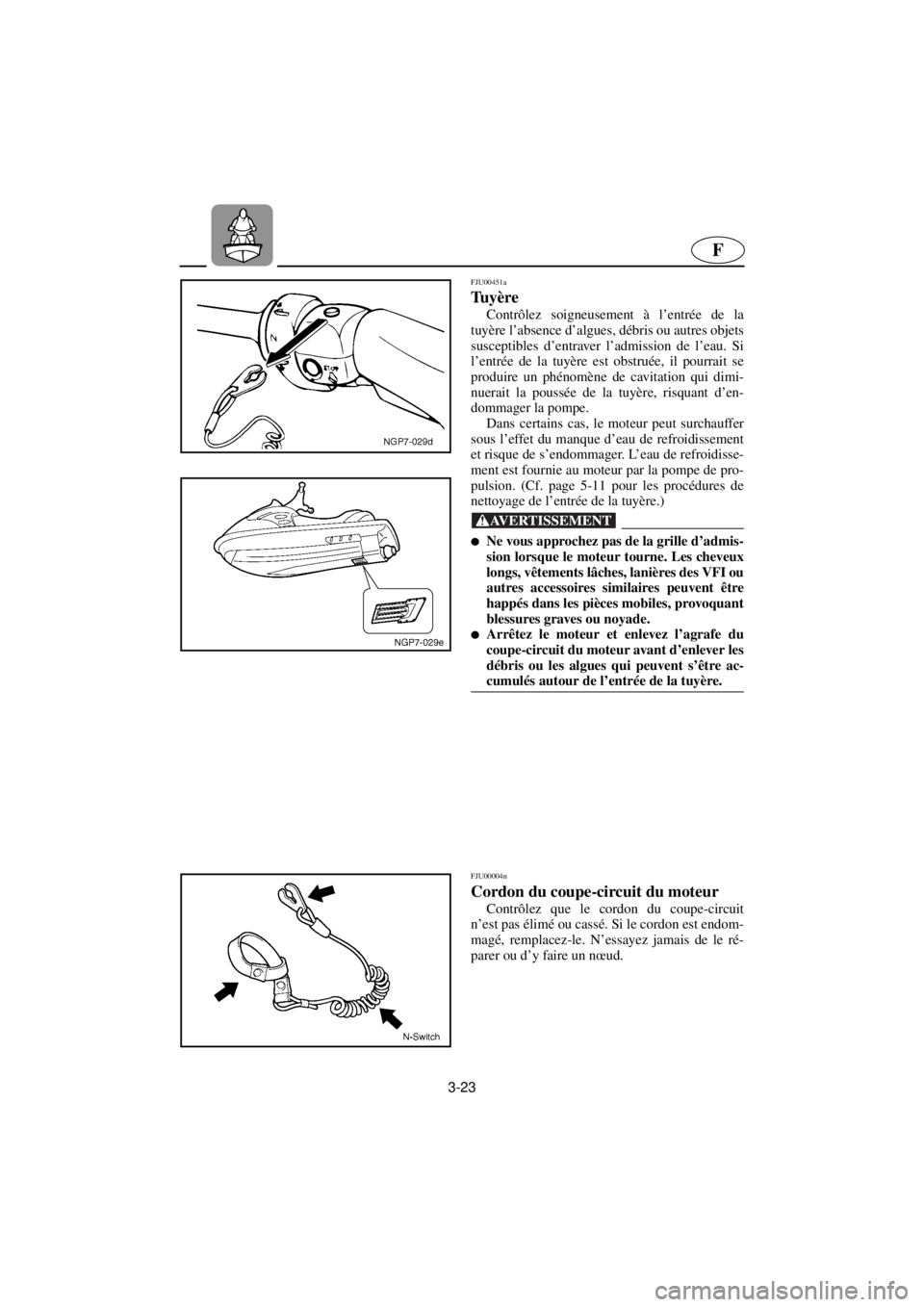YAMAHA GP800R 2021 Betriebsanleitungen (in German) 3-23
F
FJU00451a
Tu y è r e
Contrôlez soigneusement à l’entrée de la
tuyère l’absence d’algues, débris ou autres objets
susceptibles d’entraver l’admission de l’eau. Si
l’entr YAMAHA GP800R 2021 Betriebsanleitungen (in German) 3-23
F
FJU00451a
Tu y è r e
Contrôlez soigneusement à l’entrée de la
tuyère l’absence d’algues, débris ou autres objets
susceptibles d’entraver l’admission de l’eau. Si
l’entr