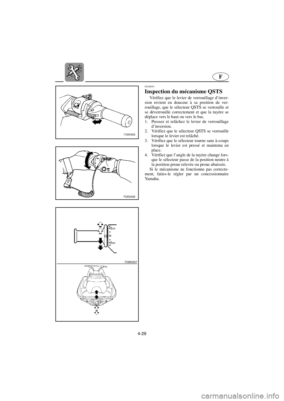 YAMAHA GP800R 2021 Betriebsanleitungen (in German) 4-29
F
FJU00551
Inspection du mécanisme QSTS
Vérifiez que le levier de verrouillage d’inver-
sion revient en douceur à sa position de ver-
rouillage, que le sélecteur QSTS se verrouille et
se YAMAHA GP800R 2021 Betriebsanleitungen (in German) 4-29
F
FJU00551
Inspection du mécanisme QSTS
Vérifiez que le levier de verrouillage d’inver-
sion revient en douceur à sa position de ver-
rouillage, que le sélecteur QSTS se verrouille et
se