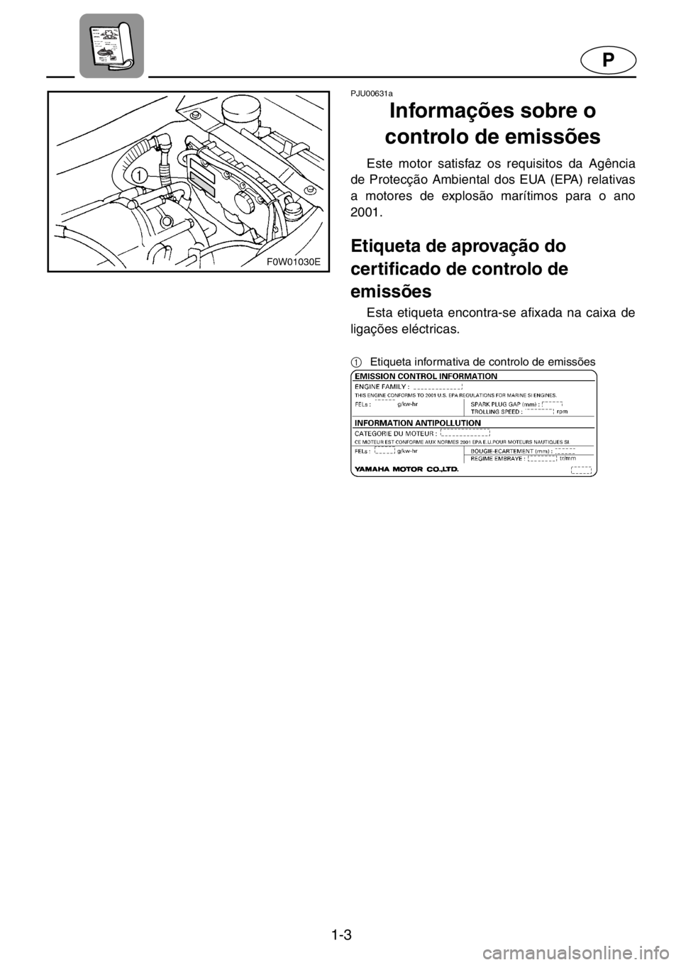 YAMAHA GP800R 2021  Manuale duso (in Italian) 1-3
P
PJU00631a 
Informações sobre o 
controlo de emissões  
Este motor satisfaz os requisitos da Agência
de Protecção Ambiental dos EUA (EPA) relativas
a motores de explosão marítimos para o 