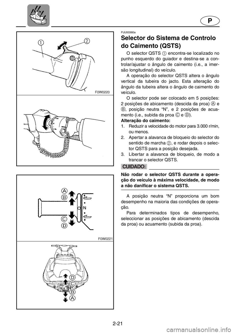 YAMAHA GP800R 2021  Manuale duso (in Italian) 2-21
P
PJU00360a 
Selector do Sistema de Controlo 
do Caimento (QSTS)
O selector QSTS 1
 encontra-se localizado no
punho esquerdo do guiador e destina-se a con-
trolar/ajustar o ângulo de caimento (i