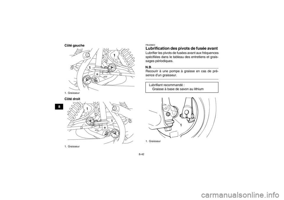 YAMAHA GRIZZLY 125 2013  Notices Demploi (in French) 8-42
8Côté gauche
Côté droit
FBU28823Lubrification des pivo
ts de fusée avant Lubrifier les pivots de fusées avant aux fréquences
spécifiées dans le tableau des entretiens et grais-
sages pé