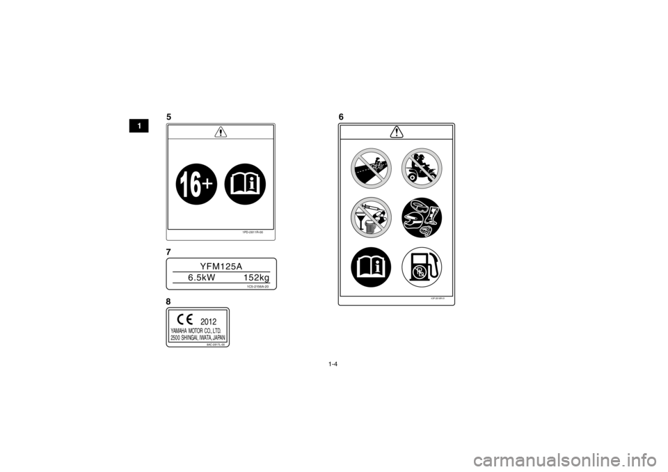 YAMAHA GRIZZLY 125 2013  Notices Demploi (in French) 1-4
1
43P-2816R-01
YFM125A
6.5kW 152kg
1C5-2156A-20
8AC-2817L-00
 YAMAHA    MOTO R  C O., LT D.
 2500  SHINGAI,  IWATA,  JAPAN
2012
1PD-2811R-00
5 6
7
8
U1PY61F0.book  Page 4  Thursday, March 15, 2012