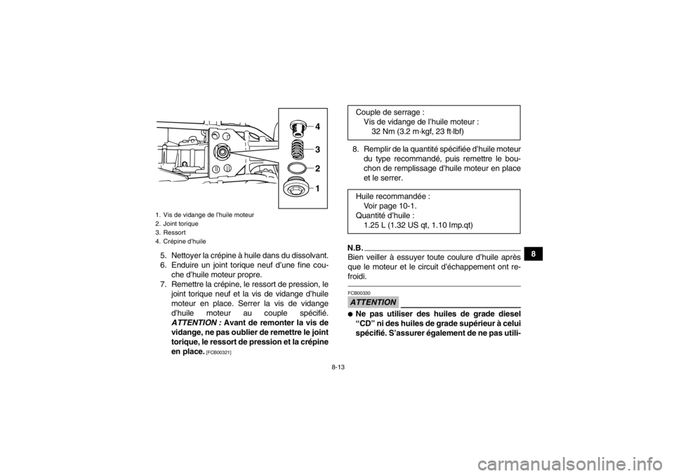 YAMAHA GRIZZLY 125 2013 Notices Demploi (in French) 8-13
8
5. Nettoyer la crépine à huile dans du dissolvant.
6. Enduire un joint torique neuf d’une fine cou-
che d’huile moteur propre.
7. Remettre la crépine, le ressort de pression, le joint to YAMAHA GRIZZLY 125 2013 Notices Demploi (in French) 8-13
8
5. Nettoyer la crépine à huile dans du dissolvant.
6. Enduire un joint torique neuf d’une fine cou-
che d’huile moteur propre.
7. Remettre la crépine, le ressort de pression, le joint to