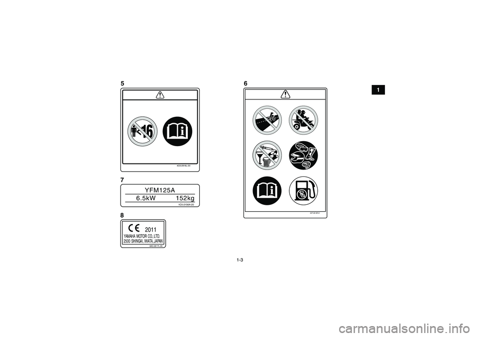 YAMAHA GRIZZLY 125 2012 User Guide 1-3
1
4D3-2816L-20
43P-2816R-01
YFM125A
6.5kW 152kg
1C5-2156A-20
8AC-2817L-00
 YAMAHA   MOTO R  C O., LT D.
 2500  SHINGAI,  IWATA,  JAPAN
2011
5
6
7
8
U1PY60E0.book  Page 3  Friday, March 11, 2011  9