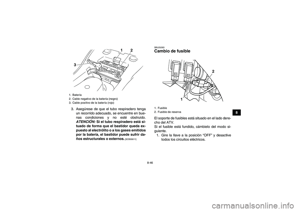 YAMAHA GRIZZLY 125 2012  Manuale de Empleo (in Spanish) 8-46
8 3. Asegúrese de que el tubo respiradero tenga
un recorrido adecuado, se encuentre en bue-
nas condiciones y no esté obstruido.
ATENCIÓN: Si el tubo respiradero está si-
tuado de forma que e