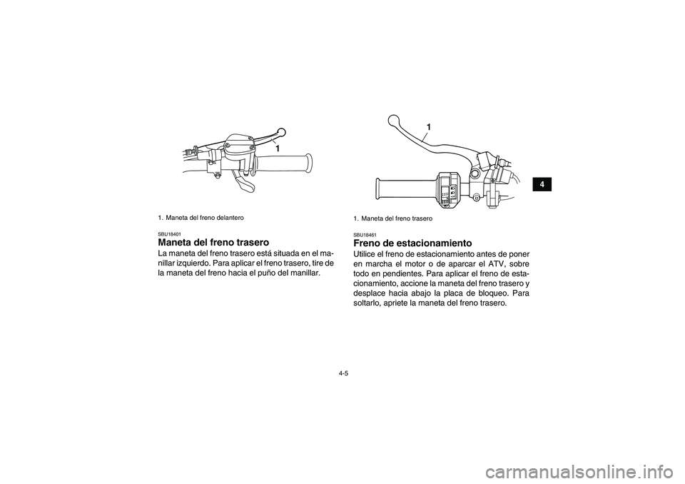 YAMAHA GRIZZLY 125 2012  Manuale de Empleo (in Spanish) 4-5
4
SBU18401Maneta del freno trasero La maneta del freno trasero está situada en el ma-
nillar izquierdo. Para aplicar el freno trasero, tire de
la maneta del freno hacia el puño del manillar.
SBU