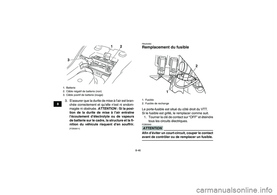 YAMAHA GRIZZLY 125 2012  Notices Demploi (in French) 8-46
83. S’assurer que la durite de mise à l’air est bran-
chée correctement et qu’elle n’est ni endom-
magée ni obstruée. ATTENTION : Si la posi-
tion de la durite de mise à l’air entr