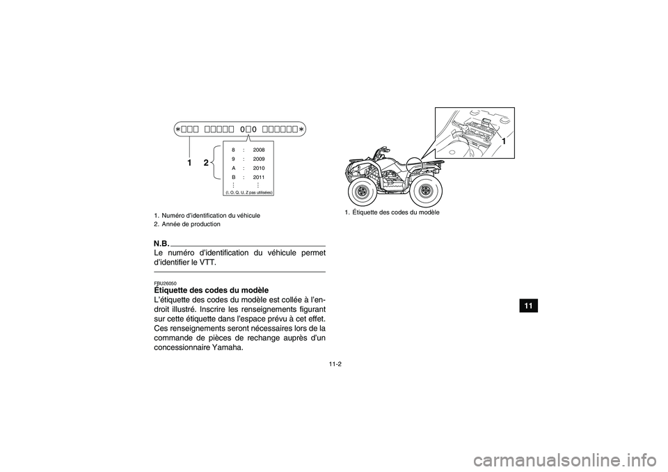 YAMAHA GRIZZLY 125 2012 Notices Demploi (in French) 11-2
11
N.B.Le numéro d’identification du véhicule permet
d’identifier le VTT.FBU26050Étiquette des codes du modèle
L’étiquette des codes du modèle est collée à l’en-
droit illustré. YAMAHA GRIZZLY 125 2012 Notices Demploi (in French) 11-2
11
N.B.Le numéro d’identification du véhicule permet
d’identifier le VTT.FBU26050Étiquette des codes du modèle
L’étiquette des codes du modèle est collée à l’en-
droit illustré.