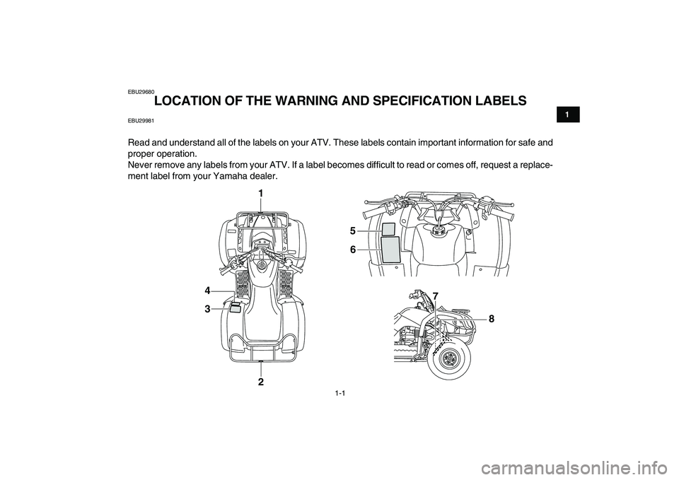 YAMAHA GRIZZLY 125 2011 User Guide  
1-1 
1
2
3
4
5
6
7
8
9
10
11
 
EBU29680 
LOCATION OF THE WARNING AND SPECIFICATION LABELS  
EBU29981 
Read and understand all of the labels on your ATV. These labels contain important information fo