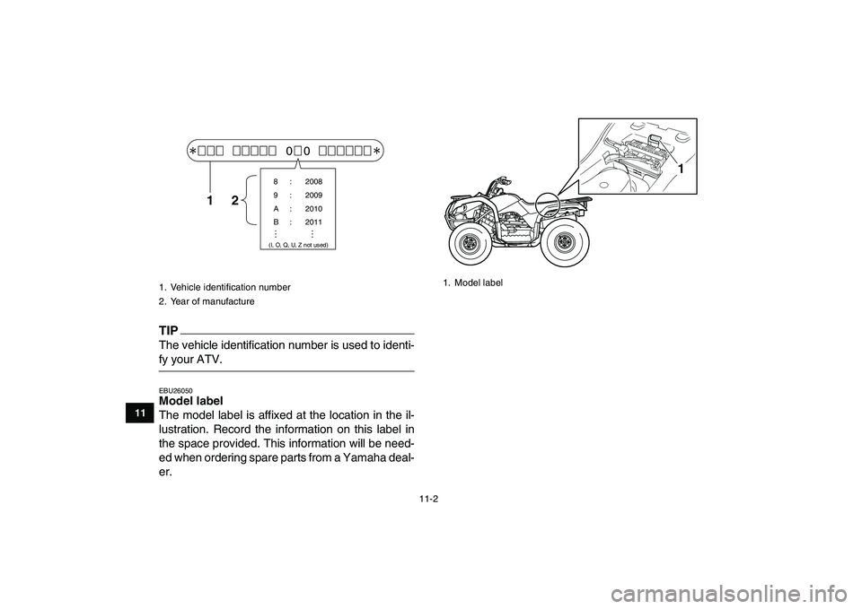 YAMAHA GRIZZLY 125 2011  Owners Manual  
11-2 
1
2
3
4
5
6
7
8
9
1011
TIP
 
The vehicle identification number is used to identi- 
fy your ATV. 
EBU26050 
Model label  
The model label is affixed at the location in the il-
lustration. Recor