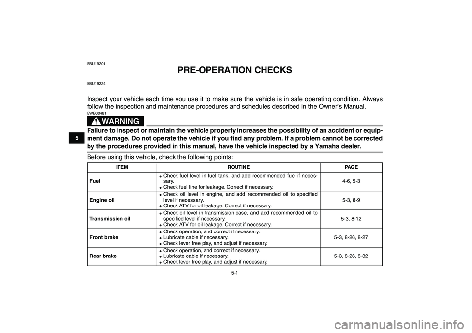 YAMAHA GRIZZLY 125 2011 Owners Guide  
5-1 
1
2
3
45
6
7
8
9
10
11
 
EBU19201 
PRE-OPERATION CHECKS 
EBU19224 
Inspect your vehicle each time you use it to make sure the vehicle is in safe operating condition. Always
follow the inspectio