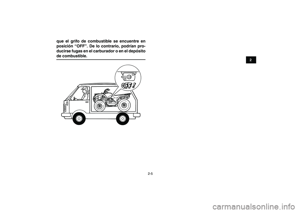 YAMAHA GRIZZLY 125 2011  Manuale de Empleo (in Spanish)  
2-5 
12
3
4
5
6
7
8
9
10
11
 
que el grifo de combustible se encuentre en
posición “OFF”. De lo contrario, podrían pro-
ducirse fugas en el carburador o en el depósito 
de combustible. 