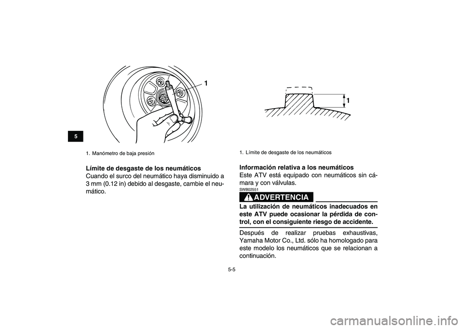 YAMAHA GRIZZLY 125 2011  Manuale de Empleo (in Spanish)  
5-5 
1
2
3
45
6
7
8
9
10
11
 
Límite de desgaste de los neumáticos 
Cuando el surco del neumático haya disminuido a
3 mm (0.12 in) debido al desgaste, cambie el neu-
mático. 
Información relati