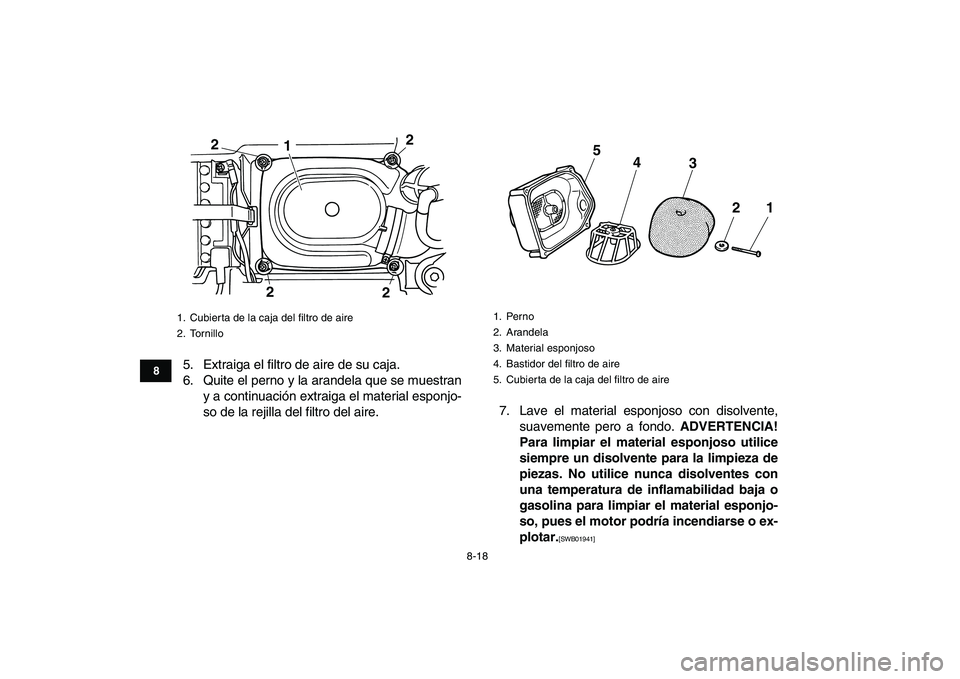 YAMAHA GRIZZLY 125 2011 Manuale de Empleo (in Spanish)
8-18
1
2
3
4
5
6
78
9
10
11
5. Extraiga el filtro de aire de su caja.
6. Quite el perno y la arandela que se muestran
y a continuación extraiga el material esponjo-
so de la rejilla del filtro d YAMAHA GRIZZLY 125 2011 Manuale de Empleo (in Spanish)
8-18
1
2
3
4
5
6
78
9
10
11
5. Extraiga el filtro de aire de su caja.
6. Quite el perno y la arandela que se muestran
y a continuación extraiga el material esponjo-
so de la rejilla del filtro d