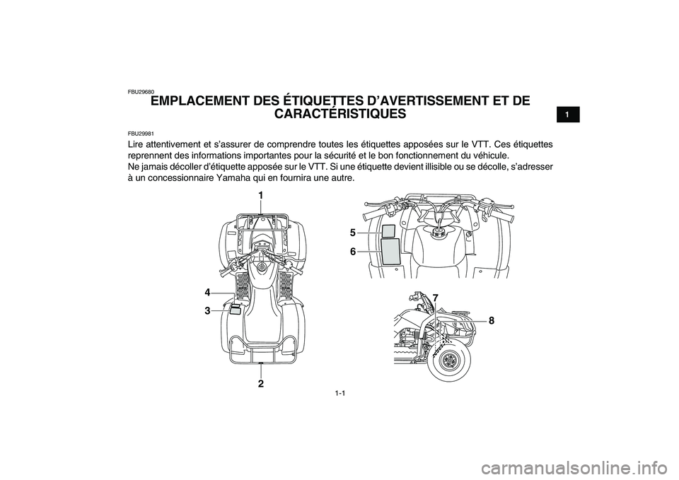 YAMAHA GRIZZLY 125 2011  Notices Demploi (in French)  
1-1 
1
2
3
4
5
6
7
8
9
10
11
 
FBU29680 
EMPLACEMENT DES ÉTIQUETTES D’AVERTISSEMENT ET DE 
CARACTÉRISTIQUES  
FBU29981 
Lire attentivement et s’assurer de comprendre toutes les étiquettes app