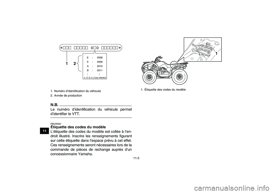 YAMAHA GRIZZLY 125 2011 Notices Demploi (in French)
11-2
1
2
3
4
5
6
7
8
9
1011
N.B.
Le numéro d’identification du véhicule permet
d’identifier le VTT.
FBU26050
Étiquette des codes du modèle
L’étiquette des codes du modèle est col YAMAHA GRIZZLY 125 2011 Notices Demploi (in French)
11-2
1
2
3
4
5
6
7
8
9
1011
N.B.
Le numéro d’identification du véhicule permet
d’identifier le VTT.
FBU26050
Étiquette des codes du modèle
L’étiquette des codes du modèle est col