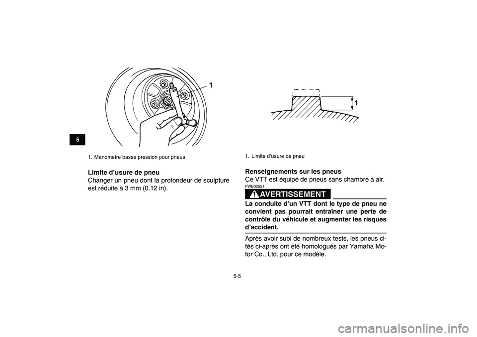 YAMAHA GRIZZLY 125 2011  Notices Demploi (in French)  
5-5 
1
2
3
45
6
7
8
9
10
11
 
Limite d’usure de pneu 
Changer un pneu dont la profondeur de sculpture
est réduite à 3 mm (0.12 in). 
Renseignements sur les pneus 
Ce VTT est équipé de pneus sa