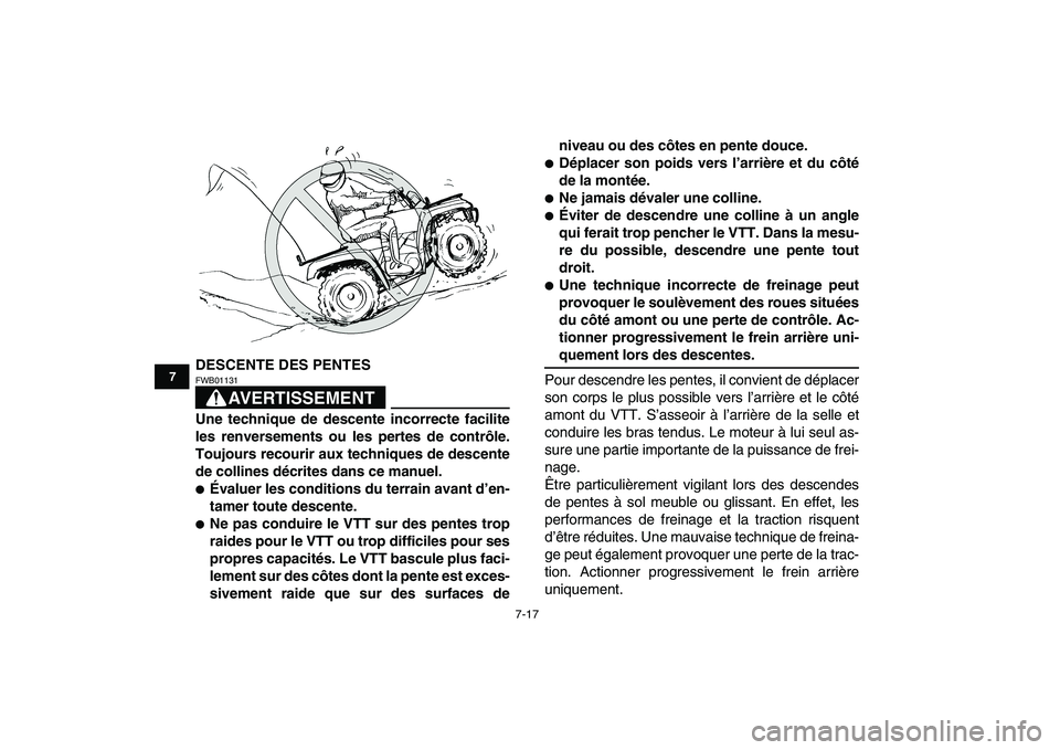 YAMAHA GRIZZLY 125 2011  Notices Demploi (in French)  
7-17 
1
2
3
4
5
67
8
9
10
11
 
DESCENTE DES PENTES
AVERTISSEMENT
 
FWB01131  
Une technique de descente incorrecte facilite
les renversements ou les pertes de contrôle.
Toujours recourir aux techni