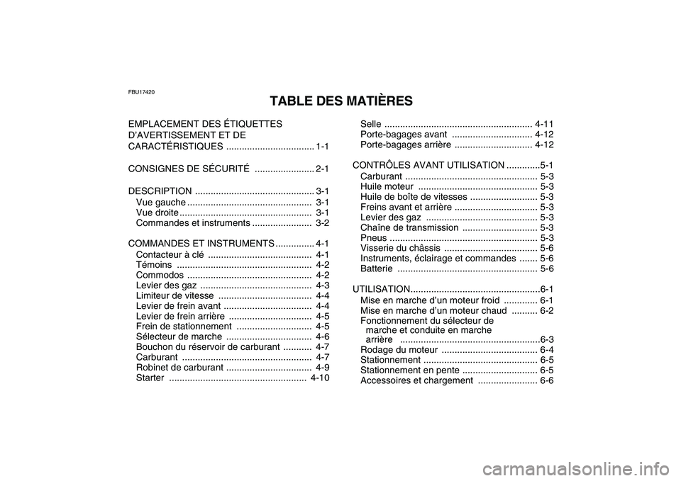 YAMAHA GRIZZLY 125 2011  Notices Demploi (in French)  
FBU17420 
TABLE DES MATIÈRES 
EMPLACEMENT DES ÉTIQUETTES 
D’AVERTISSEMENT ET DE 
CARACTÉRISTIQUES .................................. 1-1
CONSIGNES DE SÉCURITÉ  ....................... 2-1
DES