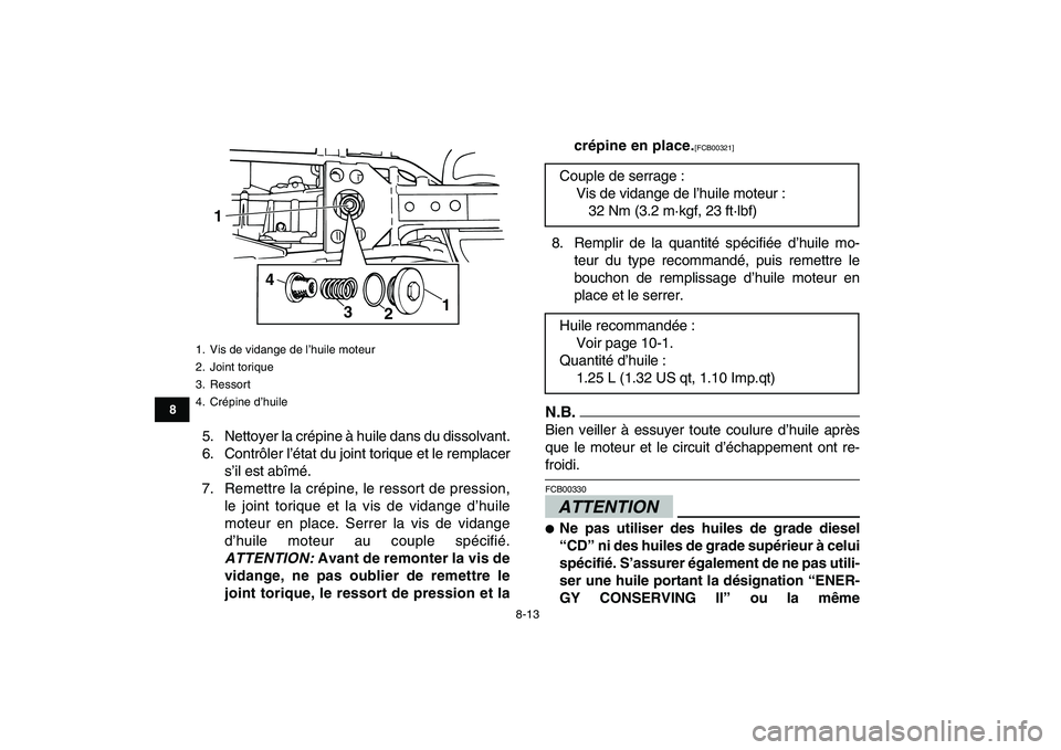 YAMAHA GRIZZLY 125 2011  Notices Demploi (in French)  
8-13 
1
2
3
4
5
6
78
9
10
11
 
5. Nettoyer la crépine à huile dans du dissolvant.
6. Contrôler l’état du joint torique et le remplacer
s’il est abîmé.
7. Remettre la crépine, le ressort d