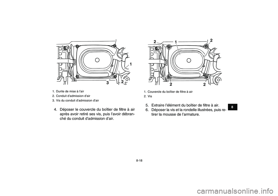 YAMAHA GRIZZLY 125 2011 Notices Demploi (in French)
8-18
1
2
3
4
5
6
78
9
10
11
4. Déposer le couvercle du boîtier de filtre à air
après avoir retiré ses vis, puis l’avoir débran-
ché du conduit d’admission d’air.5. Extraire l’élé YAMAHA GRIZZLY 125 2011 Notices Demploi (in French)
8-18
1
2
3
4
5
6
78
9
10
11
4. Déposer le couvercle du boîtier de filtre à air
après avoir retiré ses vis, puis l’avoir débran-
ché du conduit d’admission d’air.5. Extraire l’élé