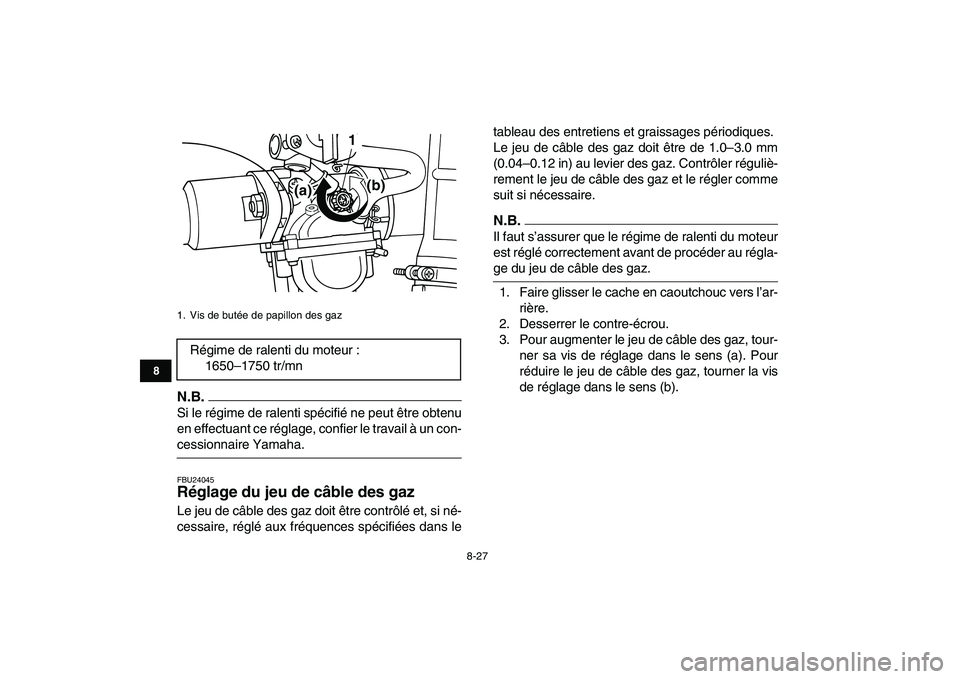 YAMAHA GRIZZLY 125 2011 Notices Demploi (in French)
8-27
1
2
3
4
5
6
78
9
10
11
N.B.
Si le régime de ralenti spécifié ne peut être obtenu
en effectuant ce réglage, confier le travail à un con-
cessionnaire Yamaha.
FBU24045
Réglage du jeu YAMAHA GRIZZLY 125 2011 Notices Demploi (in French)
8-27
1
2
3
4
5
6
78
9
10
11
N.B.
Si le régime de ralenti spécifié ne peut être obtenu
en effectuant ce réglage, confier le travail à un con-
cessionnaire Yamaha.
FBU24045
Réglage du jeu