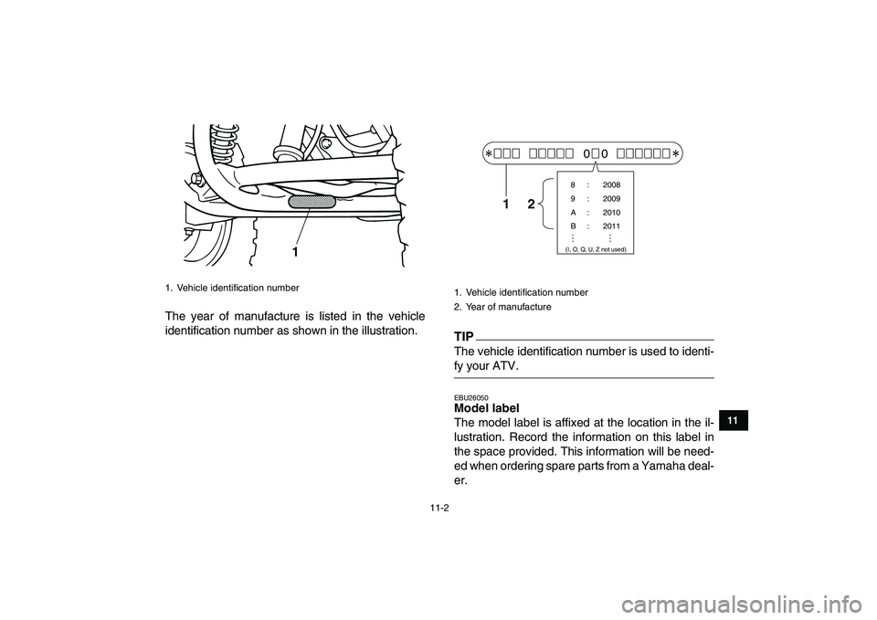 YAMAHA GRIZZLY 125 2010 Owners Manual
11-2
1
2
3
4
5
6
7
8
9
1011
The year of manufacture is listed in the vehicle
identification number as shown in the illustration.TIP
The vehicle identification number is used to identi-
fy your YAMAHA GRIZZLY 125 2010 Owners Manual
11-2
1
2
3
4
5
6
7
8
9
1011
The year of manufacture is listed in the vehicle
identification number as shown in the illustration.TIP
The vehicle identification number is used to identi-
fy your