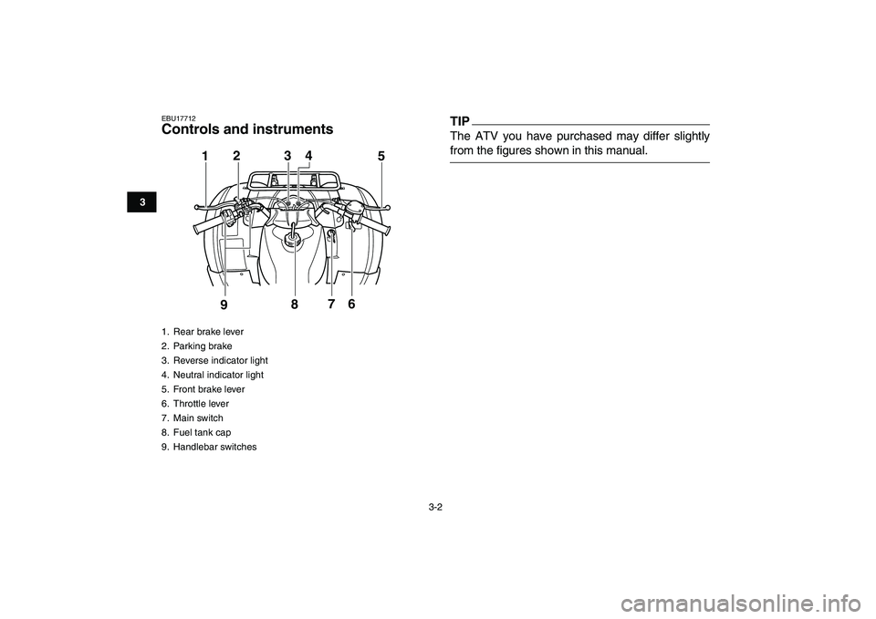 YAMAHA GRIZZLY 125 2010 Owners Manual
3-2
1
23
4
5
6
7
8
9
10
11
EBU17712
Controls and instrumentsTIP
The ATV you have purchased may differ slightly
from the figures shown in this manual.
1. Rear brake lever
2. Parking brake
3. YAMAHA GRIZZLY 125 2010 Owners Manual
3-2
1
23
4
5
6
7
8
9
10
11
EBU17712
Controls and instrumentsTIP
The ATV you have purchased may differ slightly
from the figures shown in this manual.
1. Rear brake lever
2. Parking brake
3.