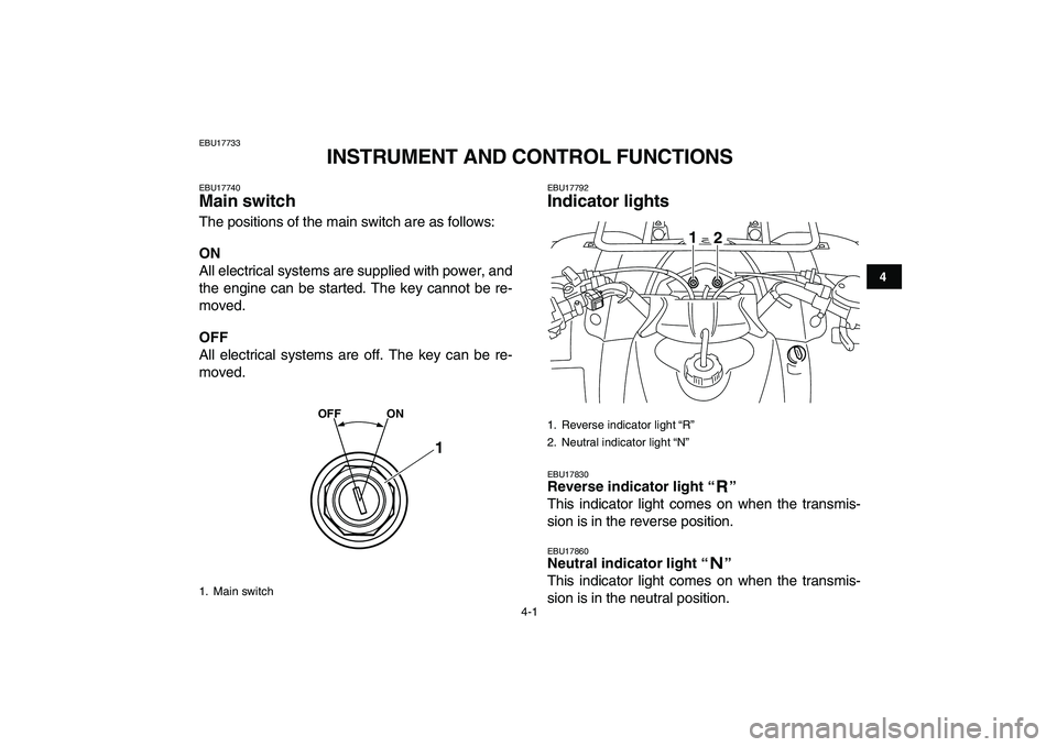 YAMAHA GRIZZLY 125 2010 Owners Manual
4-1
1
2
34
5
6
7
8
9
10
11
EBU17733
INSTRUMENT AND CONTROL FUNCTIONS
EBU17740
Main switch
The positions of the main switch are as follows:
ON
All electrical systems are supplied with power YAMAHA GRIZZLY 125 2010 Owners Manual
4-1
1
2
34
5
6
7
8
9
10
11
EBU17733
INSTRUMENT AND CONTROL FUNCTIONS
EBU17740
Main switch
The positions of the main switch are as follows:
ON
All electrical systems are supplied with power