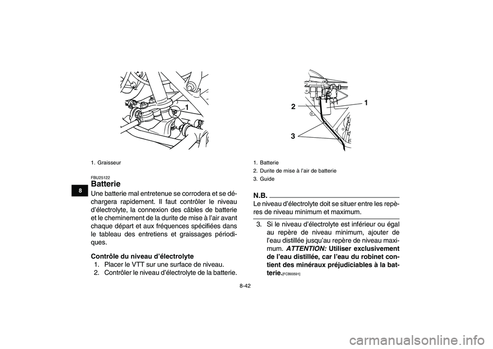 YAMAHA GRIZZLY 125 2010  Notices Demploi (in French)  
8-42 
1
2
3
4
5
6
78
9
10
11
 
FBU25122 
Batterie  
Une batterie mal entretenue se corrodera et se dé-
chargera rapidement. Il faut contrôler le niveau
d’électrolyte, la connexion des câbles d
