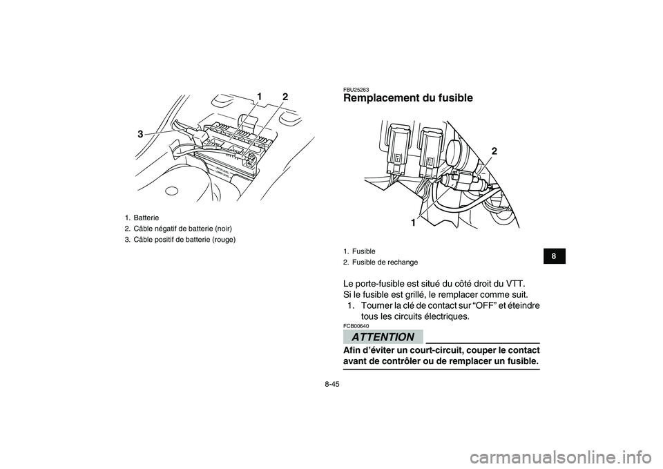 YAMAHA GRIZZLY 125 2010  Notices Demploi (in French)  
8-45 
1
2
3
4
5
6
78
9
10
11
 
FBU25263 
Remplacement du fusible  
Le porte-fusible est situé du côté droit du VTT.
Si le fusible est grillé, le remplacer comme suit.
1. Tourner la clé de conta