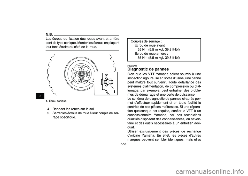 YAMAHA GRIZZLY 125 2010 Notices Demploi (in French)
8-50
1
2
3
4
5
6
78
9
10
11
N.B.
Les écrous de fixation des roues avant et arrière
sont de type conique. Monter les écrous en plaçant
leur face étroite du côté de la roue.
4. Reposer les YAMAHA GRIZZLY 125 2010 Notices Demploi (in French)
8-50
1
2
3
4
5
6
78
9
10
11
N.B.
Les écrous de fixation des roues avant et arrière
sont de type conique. Monter les écrous en plaçant
leur face étroite du côté de la roue.
4. Reposer les