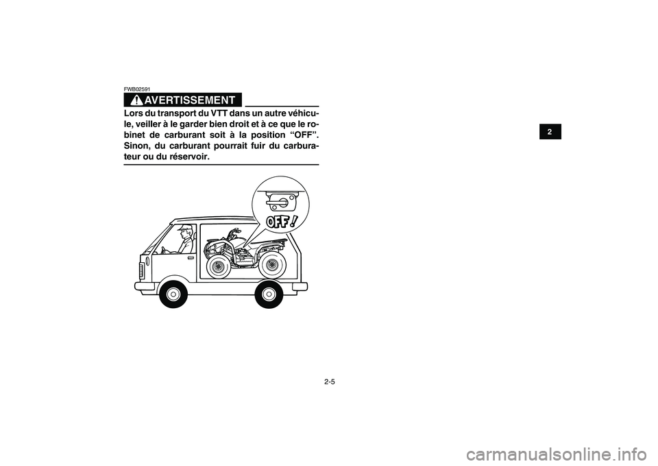 YAMAHA GRIZZLY 125 2010  Notices Demploi (in French)  
2-5 
12
3
4
5
6
7
8
9
10
11
AVERTISSEMENT
 
FWB02591  
Lors du transport du VTT dans un autre véhicu-
le, veiller à le garder bien droit et à ce que le ro-
binet de carburant soit à la position 