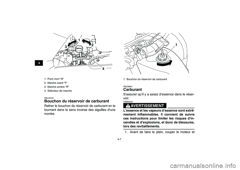 YAMAHA GRIZZLY 125 2010  Notices Demploi (in French)  
4-7 
1
2
34
5
6
7
8
9
10
11
 
FBU18720 
Bouchon du réservoir de carburant  
Retirer le bouchon du réservoir de carburant en le
tournant dans le sens inverse des aiguilles d’une
montre. 
FBU28941