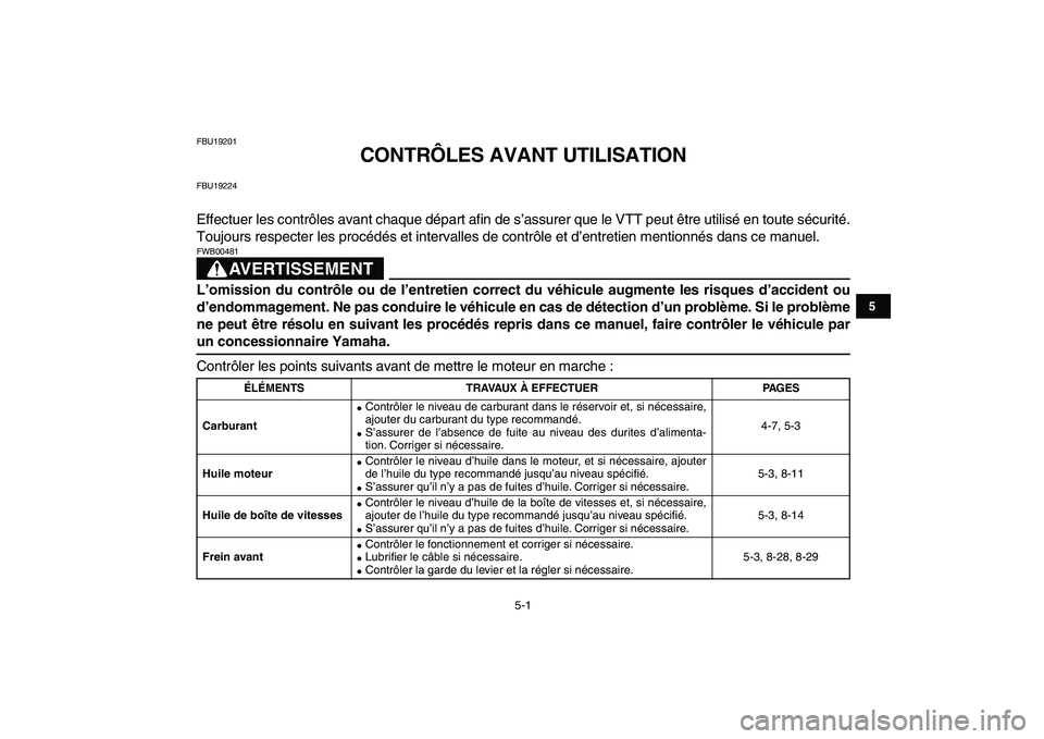 YAMAHA GRIZZLY 125 2010  Notices Demploi (in French)  
5-1 
1
2
3
45
6
7
8
9
10
11
 
FBU19201 
CONTRÔLES AVANT UTILISATION 
FBU19224 
Effectuer les contrôles avant chaque départ afin de s’assurer que le VTT peut être utilisé en toute sécurité.
