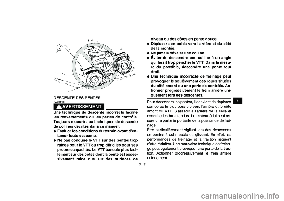 YAMAHA GRIZZLY 125 2010  Notices Demploi (in French)  
7-17 
1
2
3
4
5
67
8
9
10
11
 
DESCENTE DES PENTES
AVERTISSEMENT
 
FWB01131  
Une technique de descente incorrecte facilite
les renversements ou les pertes de contrôle.
Toujours recourir aux techni