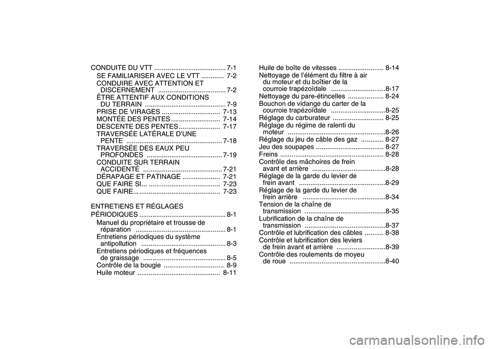 YAMAHA GRIZZLY 125 2010  Notices Demploi (in French)  
CONDUITE DU VTT ...................................... 7-1
SE FAMILIARISER AVEC LE VTT ............  7-2
CONDUIRE AVEC ATTENTION ET 
DISCERNEMENT .................................... 7-2
ÊTRE ATTEN
