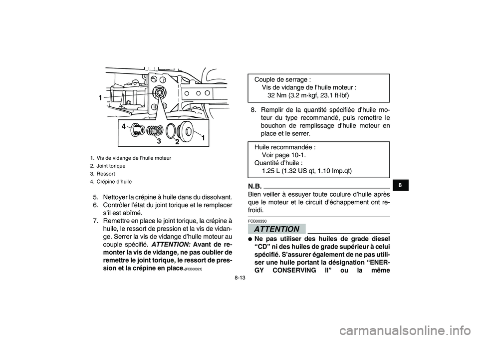 YAMAHA GRIZZLY 125 2010  Notices Demploi (in French)  
8-13 
1
2
3
4
5
6
78
9
10
11
 
5. Nettoyer la crépine à huile dans du dissolvant.
6. Contrôler l’état du joint torique et le remplacer
s’il est abîmé.
7. Remettre en place le joint torique