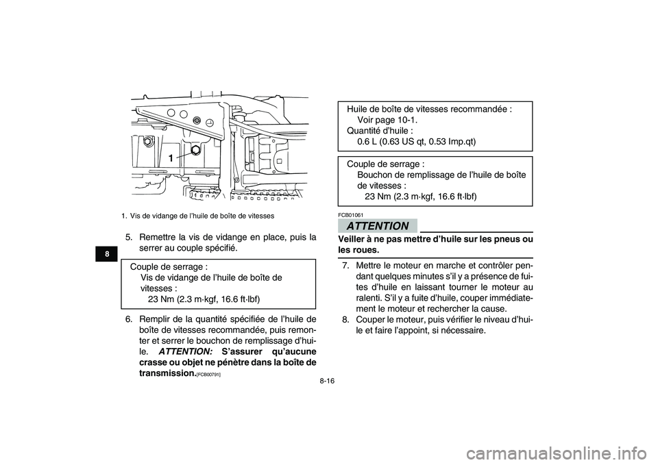 YAMAHA GRIZZLY 125 2010  Notices Demploi (in French)  
8-16 
1
2
3
4
5
6
78
9
10
11
 
5. Remettre la vis de vidange en place, puis la
serrer au couple spécifié.
6. Remplir de la quantité spécifiée de l’huile de
boîte de vitesses recommandée, pu