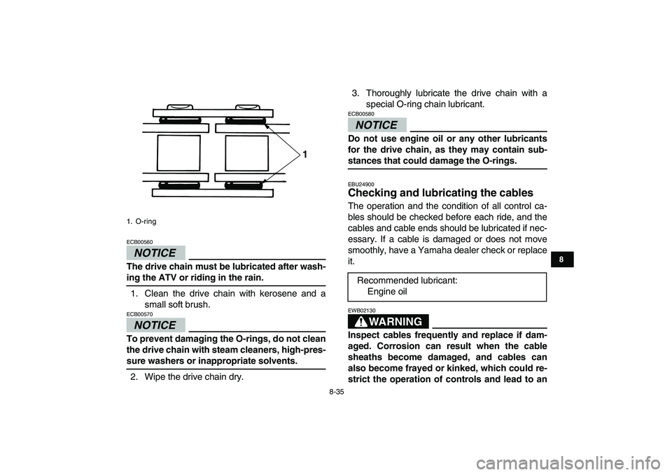 YAMAHA GRIZZLY 125 2009  Owners Manual  
8-35 
1
2
3
4
5
6
78
9
10
11
NOTICE
 
ECB00560  
The drive chain must be lubricated after wash- 
ing the ATV or riding in the rain. 
1. Clean the drive chain with kerosene and a
small soft brush.
NO