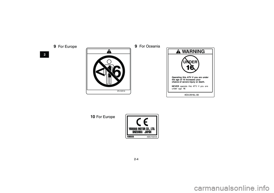 YAMAHA GRIZZLY 125 2009 User Guide  
2-4 
12
3
4
5
6
7
8
9
10
11
4D3-2816L-00
<
16
5FK-21697-00
For EuropeFor Oceania
YAMAHA MOTOR CO., LTD.
SHIZUOKA   JAPANp
4GB-2155A-00
For Europe
99
10 
Operating this ATV if you are under
the age o